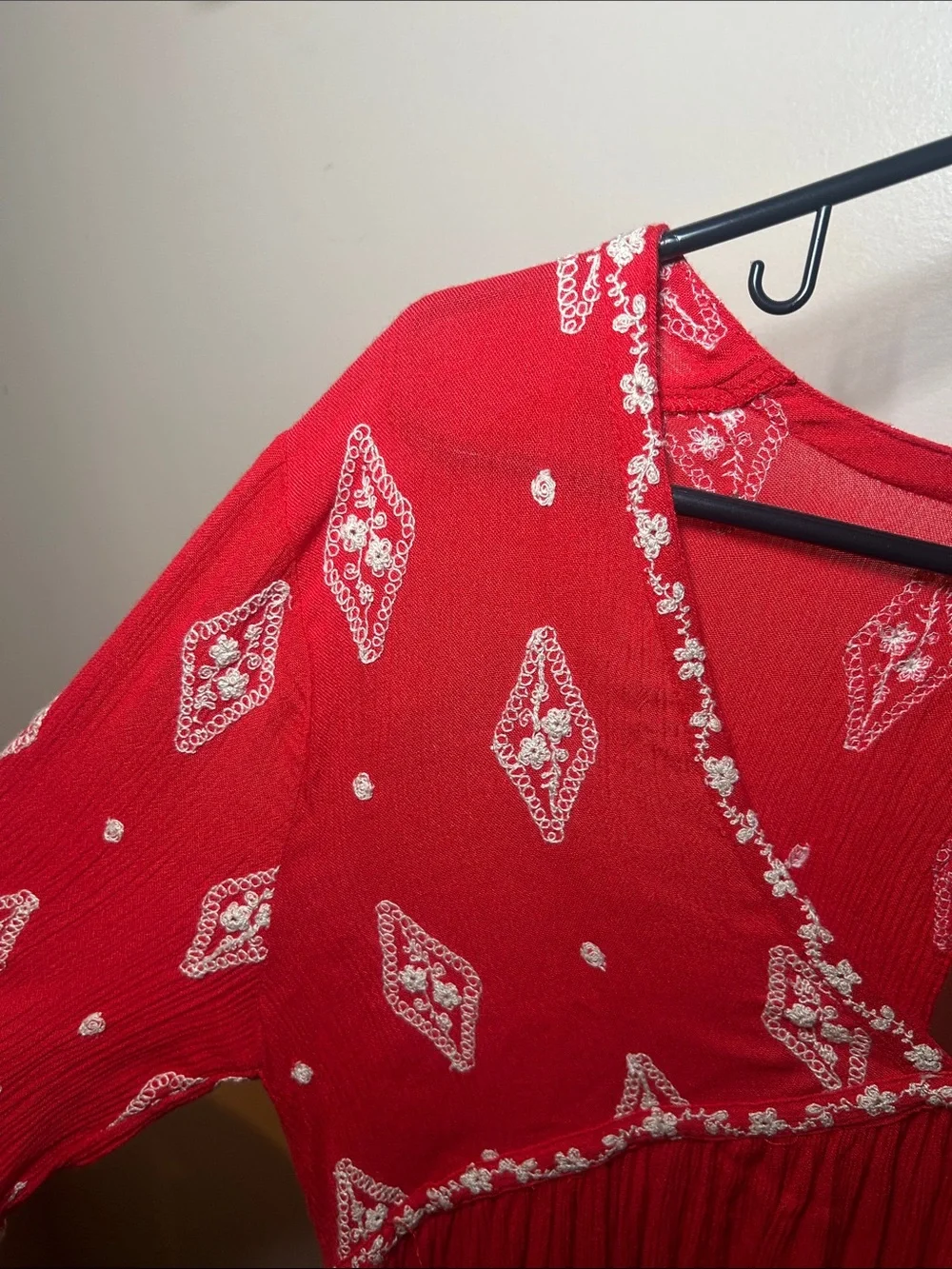 Free People Diamond Embroidered Tunic dress Bohemian Red White Small